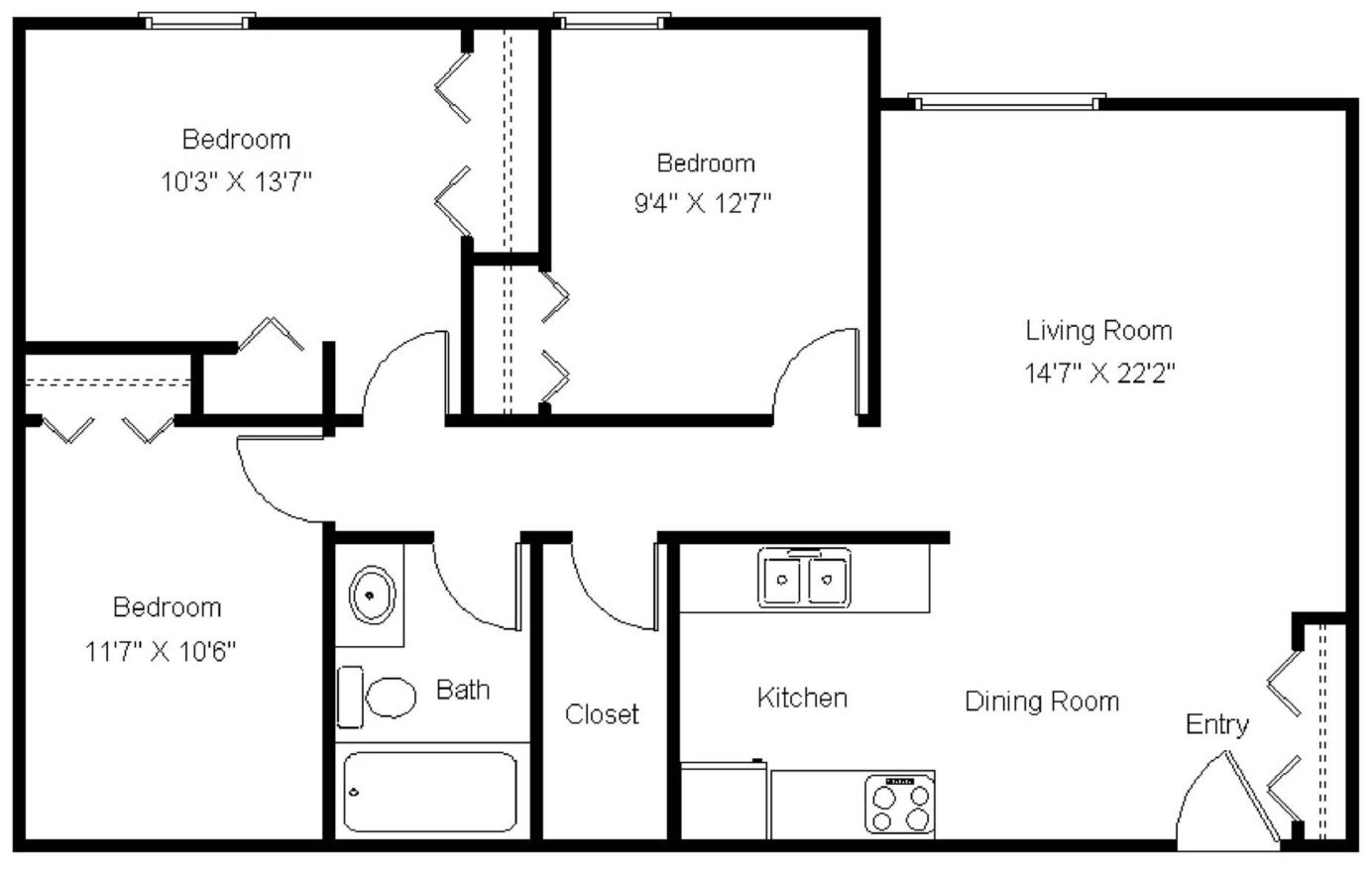 Fairview Apartments St. Peter, MN; Three bedroom floor plan; utilities included;